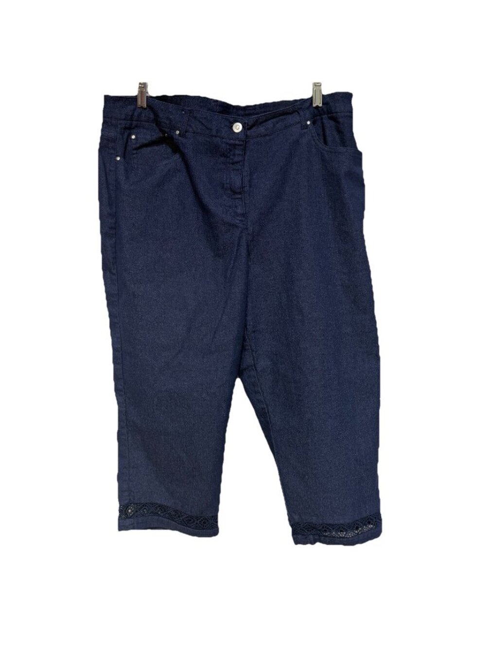 Ruby Rd Womens 20W Plus Light Denim Capri Button Pants Lace Accents Stretch Jean